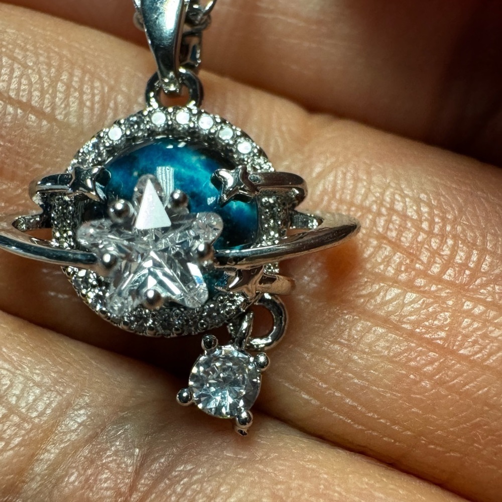 Y2K Blue Planet Star Pendant Necklace White Gold Plated Stainless Steel Jewelry - Picture 4 of 8